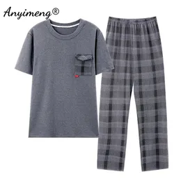 Herren-Nachtwäsche, Sommer-Pyjama-Set aus gestrickter Baumwolle für Männer, modischer Mann, kurzärmelig, karierte Hosen, Nachtwäsche, Übergröße 4XL, Pyjama für Jungen, 231016