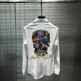 Exaggerated Design Young Men's Oversized Shirt Super Shiny Big Skull Slim Body Drilling Fashion Brand Long Sleeves Casual Shi2755