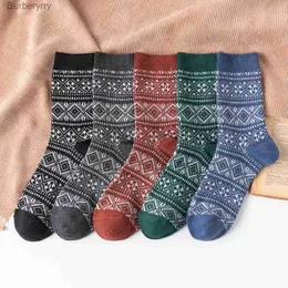 Мужские носки, 5 пар, новые осенние и зимние мужские носки с двойной иглой, повседневные мужские носки средней длины, в этническом стиле, утолщенная теплая шерстьL231016