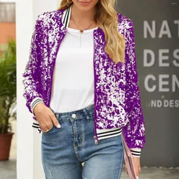 Kvinnorjackor Casual Short Purple Autumn Winter V Neck Zipper Patchwork Jacket Sequin Långärmad Streetwear L5
