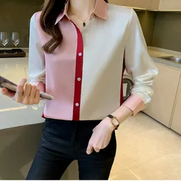 Vintage Fashion Satin Blouses Woman Designer Button up Silk Shirt Long Sleeve Autumn Winter Lapel Runway Contrast Color Shirts 2023 Office Ladies Sweet Cute Tops