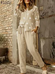 Women s Two Piece Pants ZANZEA Casual Belted Elastic Waist Trouser Pantsuits O neck 3 4 Sleeve Polka Dot Shirt Women Top and Pant Outfits 2pcs Sets 231017