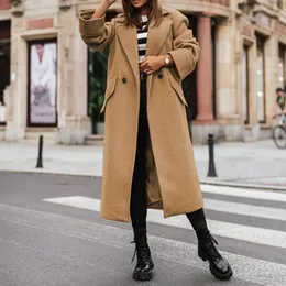 Kadın Yün Karışımları Basit Kadınlar Katı Uzun Yün Paltolar Düşüşün Down Dönüşü Tek Büzülme Ceket Hardian Kış Kışlı Kol Boyu Sıcak Palto 231017