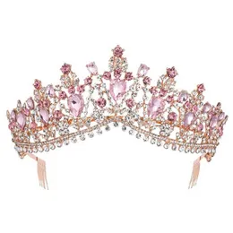 Barocke Rosegold-Rosa-Kristall-Braut-Tiara-Krone mit Kamm, Festzug, Abschlussball, Schleier, Stirnband, Hochzeit, Haarschmuck 211006226p