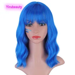 Mecanismo completo produtos de cabelo encaracolado perucas sintéticas festival cos fibra de alta temperatura 14 polegadas bob perucas azul
