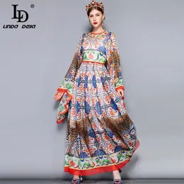 LD Linda Della Fashion Runway Maxi Dress 5xl Plus Size Women's Loose Flare Sleeve Animal Pattern Floral Print Vintage Long DR262V