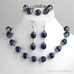 1 مجموعة الأزياء لابيس Lazuli Ball Beads Bracelet Necklace Molering Arrings Hook Jewelry Set 0 47 195C