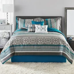Bettwäsche-Sets, 7-teiliges Princeton-Bettdecken-Set aus gewebtem Jacquard, blaugrün, gestreift, volles Queen-Size-Bett 231017