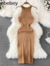 Casual Dresses Sticked Bodycon Dress Woman Stick Maxi för kvinnor ärmlös Sukienka Damska sexig ihålig utskuren droppe