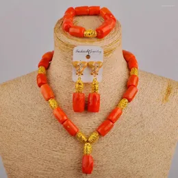 Halsbandörhängen Set African Simple Wedding Dress Accessories Orange Natural Coral Bead Women Nigerian Bride Jewelry AU-584