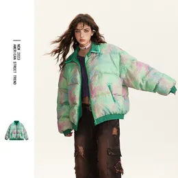 Vintage Winter Green Kurtka Parka Streetwear Hip Hop Tieb bar barwnik gęste ciepłe płaszcze 2023 Mężczyźni harajuku moda błyskawiczna bąbelek parkas y2k