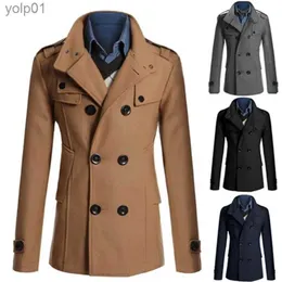 Men's Wool Blends 2023 Winter New Mens Warm Trench Woolen Coat Slim Casual Jackets Solid Stand Collar Double Breasted Peacoat ParkaL231017