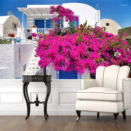 Bakgrundsbilder Custom Santorini Island i Grekland Classic Flower and House Po Mural för vardagsrum sovrum väggpapper heminredning