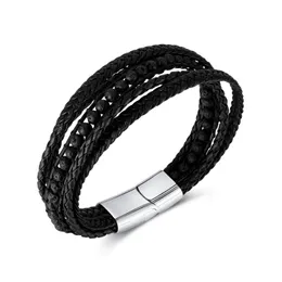 Black Volcanic Stone Multi-layer Leather Bracelet Jewelry Hip Hop Handmade Stainless Steel Magnetic Button Bracelet for Men 12mm 8inch