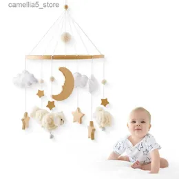 Mobiles# Wooden Baby Rattle Mobile 0-12Month Soft Felt Cartoon Sheep Star Moon Newborn Music Box Hanging Bed Bell Mobile Crib Bracket Toy Q231017