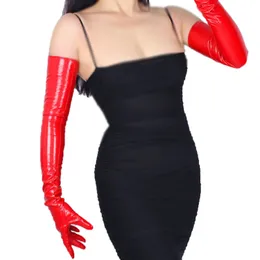 Five Fingers Gloves DooWay Sexy Women Shine Red Long Leather Gloves Faux Patent Leather Wet Look Cosplay Costume Wedding Party Lady Glove Red70cm 231016