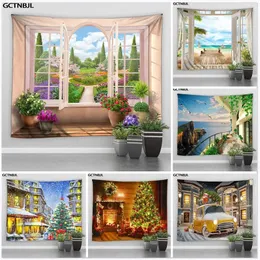 Tapestries Imitation Window Landscape Tapestry Wall Hanging Park Flower Tree Ocean Printing Art Home Decor Christmas Wall Tapestry 231017