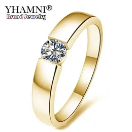Yhamni Pure Gold Color Solitaire Zircon Ring CZ Engagement Wedding Jewelry Rings for Women and Men Ring Size 5-13 YMKR10252F