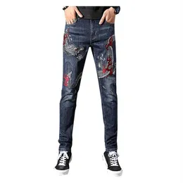 Men's Chinese dragon embroidery jeans Fashion embroidered slim straight stretch denim pants Trousers262q
