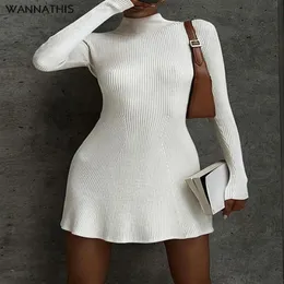 Casual Dresses Knit High Neck Skims Mini Dress Long Sleeve Sexy Bodycon Women Autumn Winter White Elegant Fashion Office Lady Dres231D