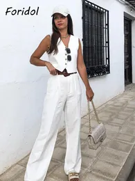Kadınlar İki Parçalı Pantolon Foridol Beyaz Pamuk Keten Uzun Set Kolsuz Yelek Takım Ofis Sonbahar Yaz Geniş Bacak Günlük Moda Kıyafet