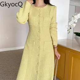 Abiti casual GkyocQ Coreano Chic Autunno Abito in tweed Temperamento Manica lunga Girocollo Monopetto Multitasche Sottile