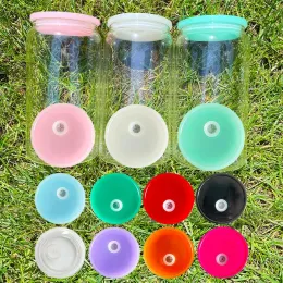 DHL Replaced Colored Plastic Lids for 16oz Glass Tumbler Blank Clear Frosted Glass Mason Jar Libby Can Cooler Cola Beer Food Cans 5 Colors FY5564