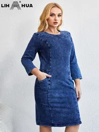 Kleider in Übergröße LIH HUA Damen-Jeanskleid in Übergröße, Herbst-Chic, elegante Kleider für mollige Frauen, Rundhals-Baumwoll-Strickkleid 231017