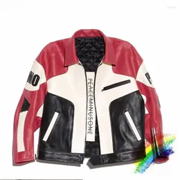 Herrjackor motorcykel stående krage överdimensionerad röd svart aprikos lapptäcke pu läder racing jacka för män kvinnor