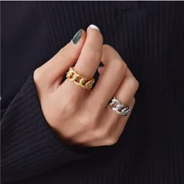Peri'sBox Anéis de corrente robustos dourados e prateados com ligação ed anéis geométricos para mulheres anéis abertos vintage ajustáveis na moda209a