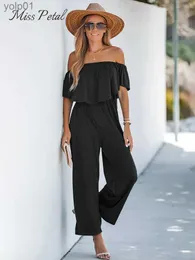 Kvinnors jumpsuits Rompers Short Sleeve Off-the-Shoulder Jumpsuit For Women Sexy Wide Leg Long PlaySuit 2023 Summer Overalls Romper Jumpsuitl231017