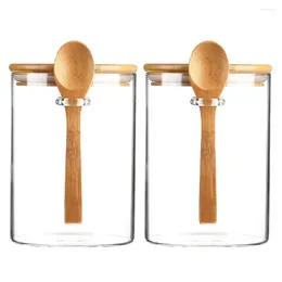 Bottiglie di stoccaggio 2 pezzi Barattolo di vetro Cucchiaio Zucchero Contenitore per farina Caramelle Copertura in bambù Contenitori per alimenti Barattoli di chiusura multifunzionali con coperchi