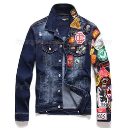 Men Embroidered Badge Denim Jacket Streetwear Hip Hop Men's Motorcyle Jean Jackets Male Fashion Slim Outerwear Chaqueta Hombr244K