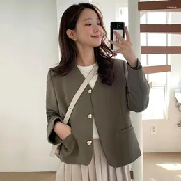 Women's Suits WDMSNA Chic Autumn Simple V-neck Women Blazer Love Three Button Loose Double Pocket Blazers Long Sleeve Suit Jacket For