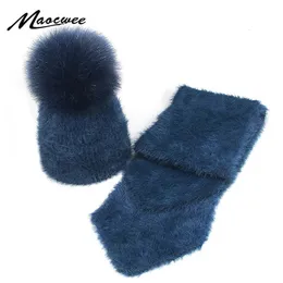 Lenços Pompom Coelho Chapéu de Pele e Cachecol para Mulheres Menina Algodão Feminino Inverno Chapéu De Malha Casual Cor Sólida 2 Peças Set Beanies 231012