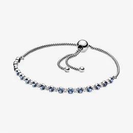 Blue and Clear Sparkle Slider Link Bracelet 100% 925 Sterling Silver Adjustable Cubic Zirconia Chain for Women Fashion Wedding Eng191z