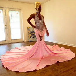 Pink Sequined Prom Dress With Feathers 2024 Feathers Women Gala Outfit Sexy See Through Birthday Party Formal Gowns