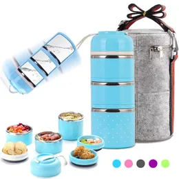 Bento Boxes Three-Layer Leak-Proof Thermos Lunch Box Portable Bento Food Storage Container Stainless Steel Flask Set School Kids Tableware 231013