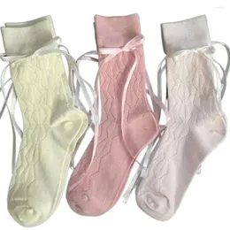 Women Socks Fashion Kawaii اليابانية JK Bow Ribbon Middle Tube Cotton حلوة ضمادة تنفس جوارب جوفاء