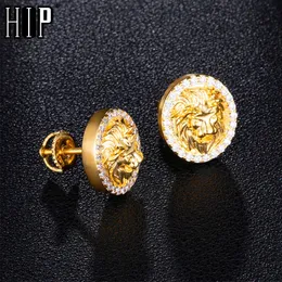 Stud Hip Hop 1Pair Zircon Micro Paled Lion Iced Out Rhinestone CZ Stone Round Bling Stud Earring Copper örhängen för män smycken 231016