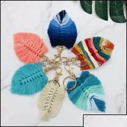 Keychains Lanyards Keychains Fashion Accessories Leaf Weaving Rainbow For Women Boho Handmade Key Holder Keyring Rame Bag Charm Car Dh4Fi