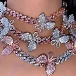 Butterfly Cuban Link Chains Halsketten 12mm Bling -Strass -Vereisung Out Pendant Tennis Luxus Silber Gold Pink Women Mode Hip Hop 251g