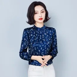 Woman Designer Blue Silk Blouses Stand Collar Floral Printed Runway Long Sleeve Tops Office Ladies Simple Fashion Ruched Blouse Autumn Winter Elegant Satin Top