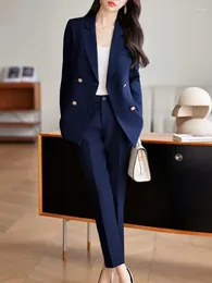 Kvinnors tvåbitar byxor Autumn Women Fashion Solid Elegant Office Trousers Passar Vintage Slim Casual Blazer Jackets Pencil Pantsuit Female