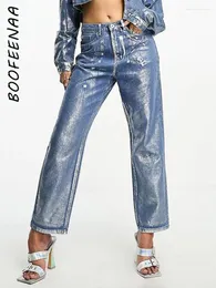 Jeans da donna BOOFEENAA Pantaloni a vita alta con gamba dritta argento metallizzato oro per donna Streetwear Pantaloni in denim vintage autunnali C85-HG65