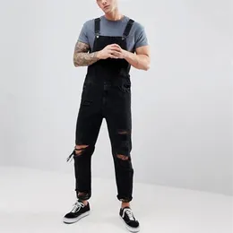 Svarta overaller Mens Holes Pocket Jeans total Jumpsuit Streetwear Suspender Long Pants Pantalones1280r