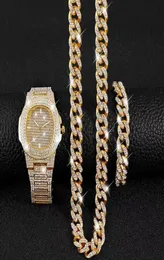 Orologio da uomo di lusso Set Orologi Hip Hop Collana Bracciale Catena cubana Colore oro Ghiacciato con strass pavimentati Orologio da polso con gioielli bling9232576