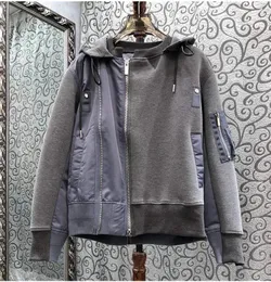 Giubbotti da donna Cappotto con cappuccio 2023 Autunno Inverno Moda Donna Color Block Patchwork Blu scuro Grigio Zip Cappotti Bomber Capispalla