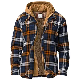 Men's Jackets Autumn Winter Men Coat Quilted Lined Button Down Plaid Shirt Add Velvet To Keep Warm Jacket Male Hood Outerwear 231016