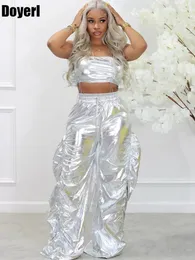 Kvinnor S Two Piece Pants Gold Sliver Metallic Birthday Outfit Peice Sets Club Party Crop Top och Streetwear Hip Hop Rave Festival Outfit 231017